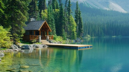 A lakeside cottage in Canada, with a wooden dock stretching into the pristine water.