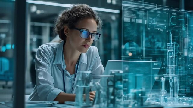 Dedicated researcher analyzing advanced data on a transparent screen in a high-tech laboratory environment