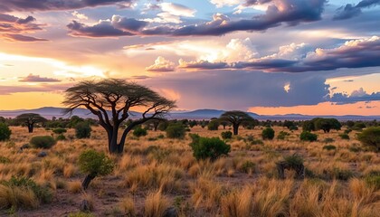 Vast Niassa Reserve savannah, dramatic sky, acacia trees,  horizon,   habitat