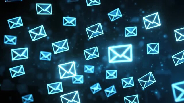 Glowing blue email icon floating in dark space symbolizing digital communication message network technology symbol with fast message delivery and connectivity in futuristic style