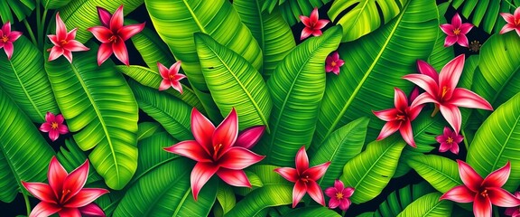 Vibrant green banana leaves & exotic blooms form a lush, repeating tropical pattern,  design,  leaf