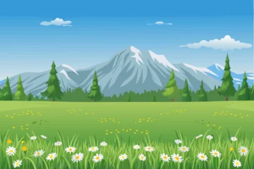 Gardinen Pistazie Cartoon landscape with mountains trees meadow flowers and blue sky background  © MAYENUDDIN