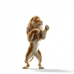 Obraz premium A regal lion in an upright stance against a bright white background embodies pride energy and untamed power.