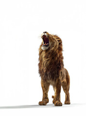 A regal lion in an upright stance against a bright white background embodies pride energy and untamed power.