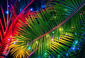 Vibrant tropical palm leaves illuminated by festive lights,  tropic,  lush foliage