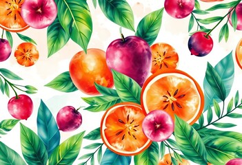 Vibrant watercolor tropical fruit & leaf pattern on abstract summer background, leaves, juice