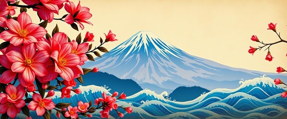 Vintage banner featuring Fuji mountain, camellia blossoms, and wave patterns in a Japanese landscape style,  culture,  elegant