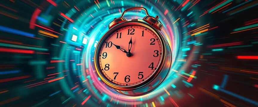 Vintage clock face distorts, swirling within a neon-hued digital vortex,  ai,  texture - Powered by Adobe