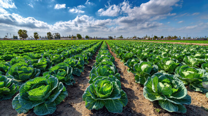 Rows of green cabbage plants growing on farmland under partly cloudy sky