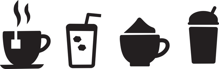 Black Coffee Cup Icons Set. tea cup, coffee mug drink flat vector icon, Cup icons for coffee, cup of coffee,
