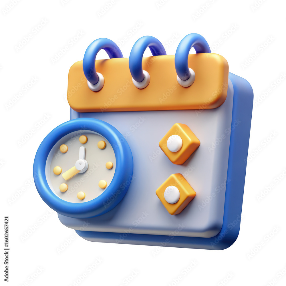 Poster 3d render of calendar and clock icon showing date reminders for appointments on background
