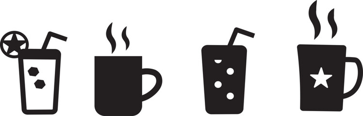 Black Coffee Cup Icons Set. tea cup, coffee mug drink flat vector icon, Cup icons for coffee, cup of coffee,

