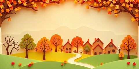 Whimsical paper-cut autumn scene, sunlit trees & houses,  happy,  vibrant