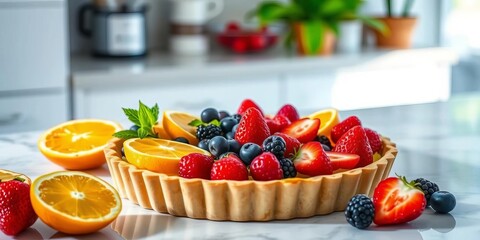 Whimsical summer fruit tart with vibrant berries & citrus, styled on bright countertop,  citrus,   orange