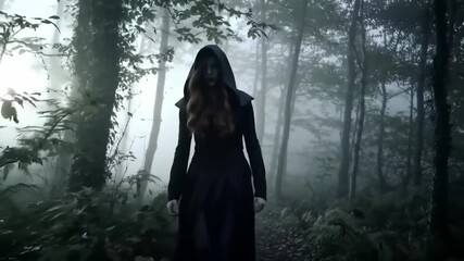 Mysterious figure in a dark hooded cloak walking through a foggy forest filled with ferns - Powered by Adobe
