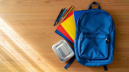 Blue backpack with school supplies on wooden surface pens notebooks