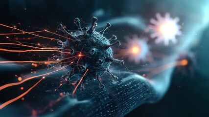 Virus infection microscopic pathogen cell digital technology science biology medical 3D illustration glowing network particle structure health disease microscopic view futuristic data abstract 3D - Powered by Adobe