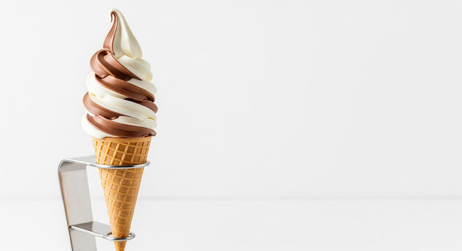 A swirl of vanilla and chocolate soft serve ice cream in a waffle cone isolated on white background