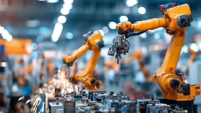 Dynamic industrial robots perform welding tasks with bright sparks in a high-tech manufacturing facility.