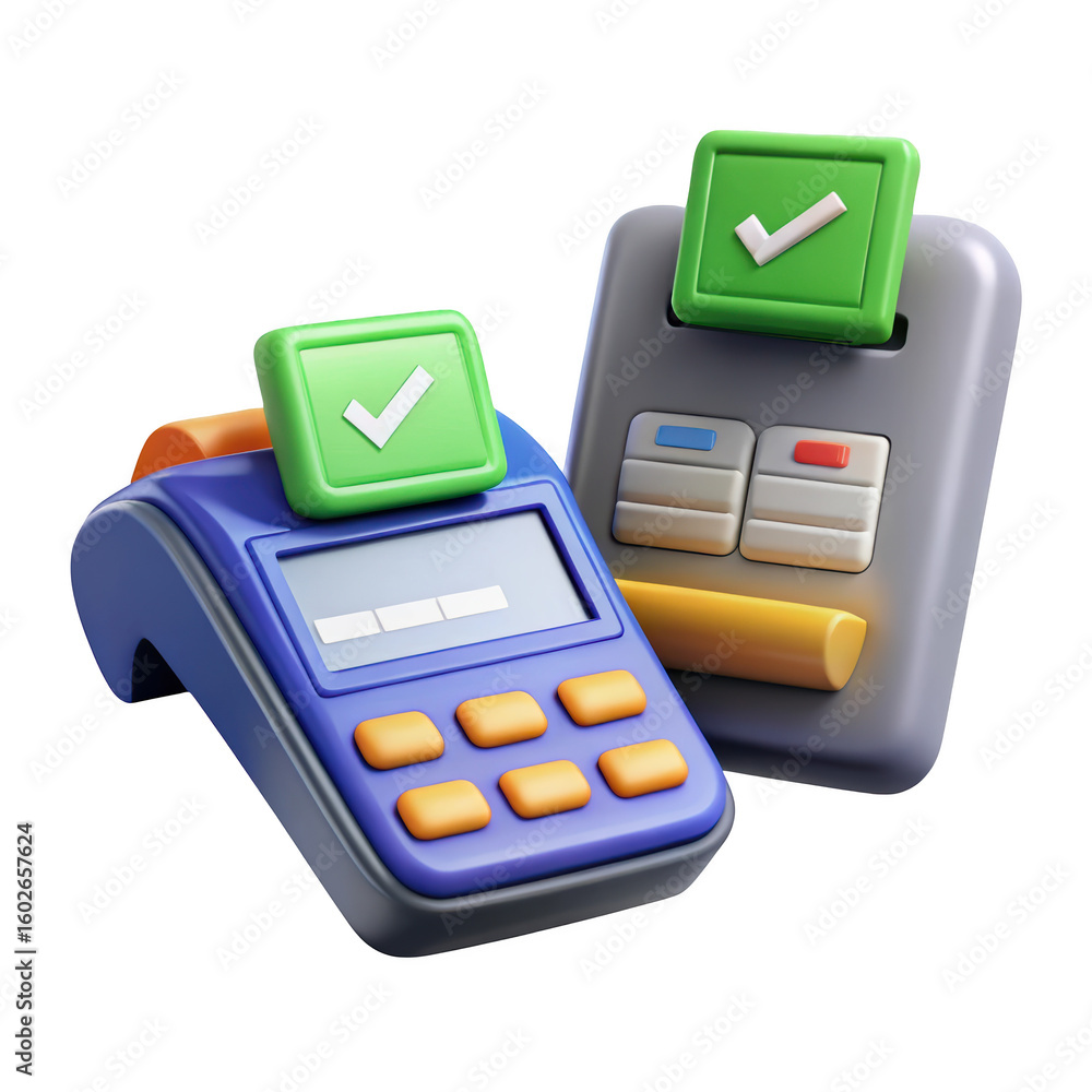 Poster 3d render of payment terminals with green check marks representing successful transactions and digit