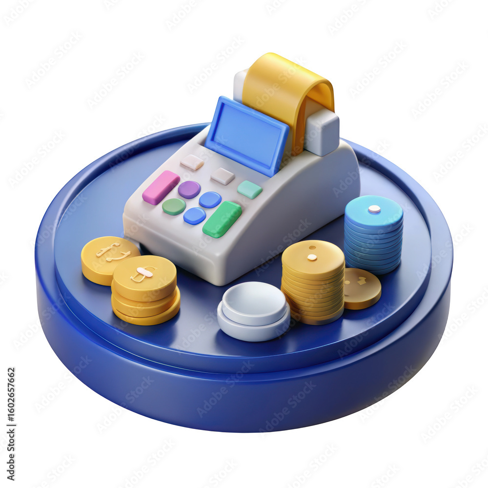 Poster 3d render of point of sale terminal with stacked coins on blue platform for financial transactions
