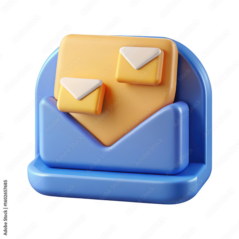 Poster 3d render of incoming mailbox full of yellow emails and notifications on a clean background