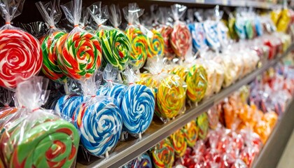 Fototapeta premium Bagged Assorted Sweets in Candy Store Display – Lollipops, Jellies, and Sugary Delight