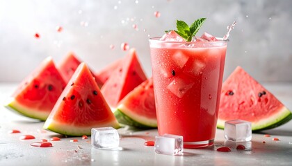 Fresh watermelon juice with ice and slices on white table