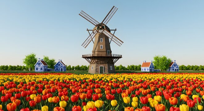 A picturesque Dutch landscape featuring a classic windmill standing tall amidst a vibrant, expansive field of blooming red and yellow tulips, with charming h... - Powered by Adobe