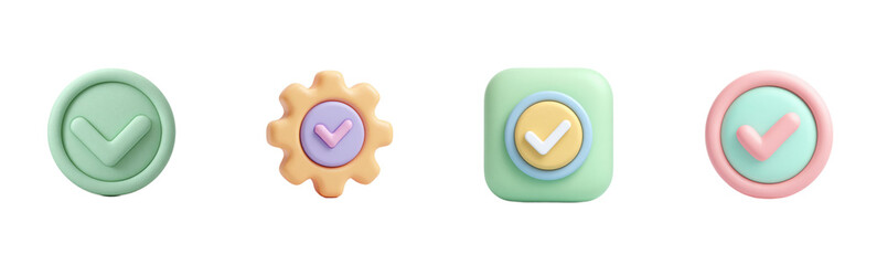 Set of cartoon 3D check mark icons. Sign of approval, confirmation, correct choice, success, complete