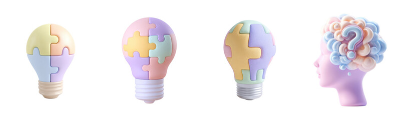 Lightbulb puzzle and brain concept. Creative, problem-solving, brainstorming, intelligence, knowledge, learning, ideas, thought process, innovation, and decision-making.