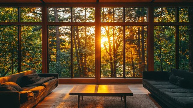Fototapeta A modern cottage interior with sleek furniture and large windows looking out on nature.