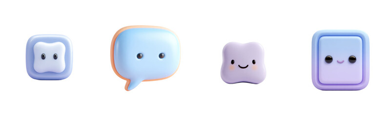 Cute 3D cartoon icons with smiley faces and pastel colors. Minimalist, kawaii, characters, design elements, graphics, adorable, animation