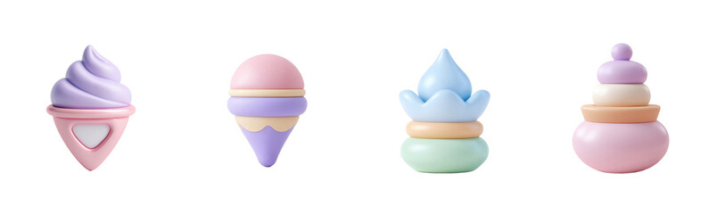Pastel-colored stackable toy set, whimsical design. Kids toys, playful, cute, colorful, decorative