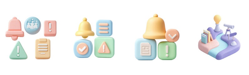 Pastel icons include notifications, teamwork, and education. Creative alerts, communication, education, pastel, 3d render, illustration, ui, UX, design.