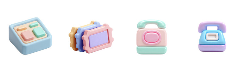 Colorful toy communication devices set. Cartoon technology, kids' play, retro phones, pastel shades, vintage style, childhood nostalgia