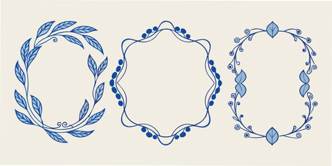 Elegant collection of blue floral frames with leaves and decorative vines ideal for wedding invitations and decorative designs