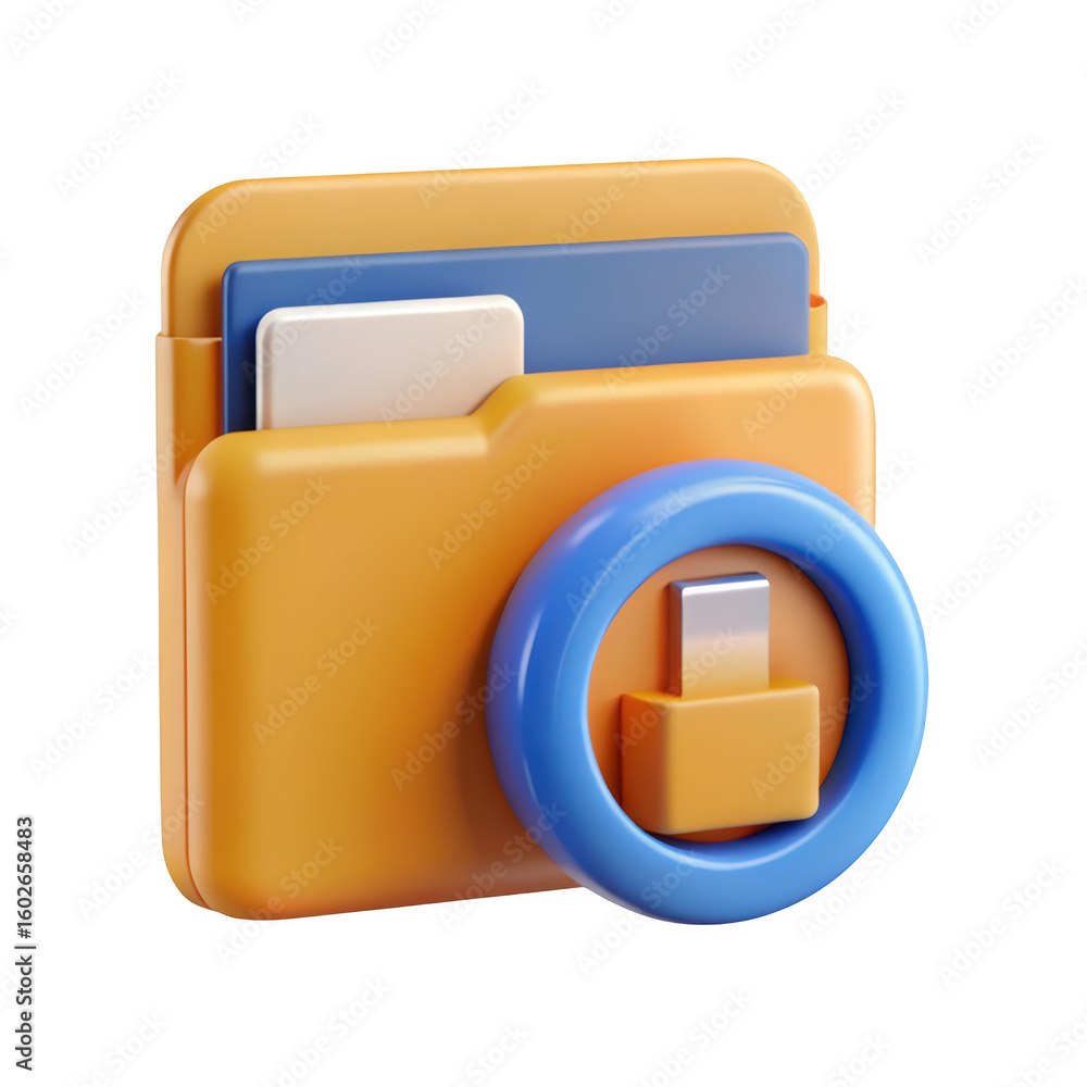 Poster 3d rendering of a secure folder with documents and a blue lock icon for security applications