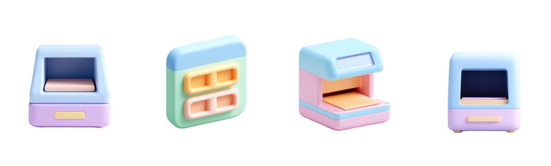 Pastel cute toy machines set. Playful, soft, colorful, toy, fun, imaginative, decorative, creative, unique.