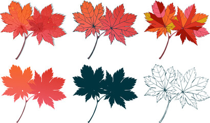 Set of hand-drawn fall colored red maple autumn leaves isolated on white background. Flat and line styles vector illustration.