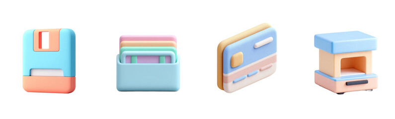 Pastel icons represent saving and storage. Colorful, retro, design, digital, vintage, data, office, computer.