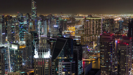 Dubai Marina with yachts night aerial timelapse