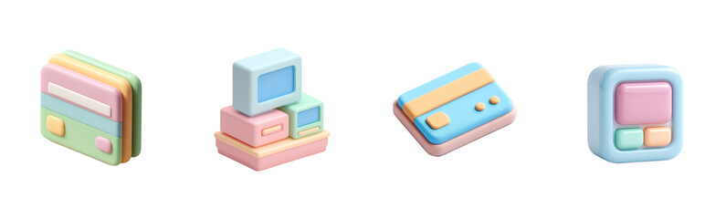3D pastel icons. Tech, finance, commerce, payment, and retro concepts. Modern rendering.