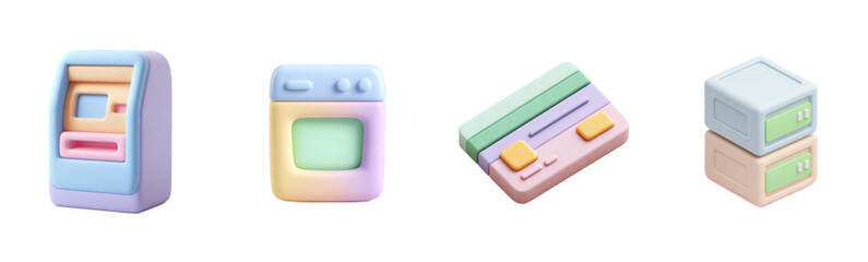 Pastel, playful toy gadgets are displayed in a row. Cute, kawaii, toys, objects, modern, minimal, design, render, aesthetic, 3d.