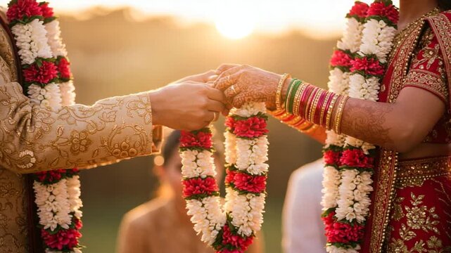 Exchanging Garland at Wedding Ceremony in Traditional Attire