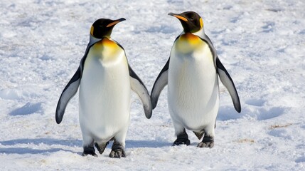 Fototapeta premium A pair of penguins waddling across the snow in Antarctica.