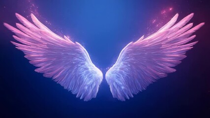 Glowing angel wings with pink and purple feathers spread wide on dark blue background creating magical ethereal atmosphere with soft sparkling light effects and glowing blue light particles - Powered by Adobe