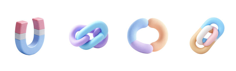 3D objects linked together. Magnetism, connection, relationships, bonding, attraction, unity, strength, colorful, fun, design, digital art, modern.