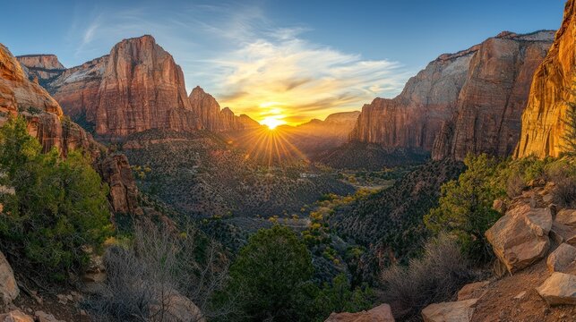 A panoramic shot of a mountain range at sunrise, with the first rays of light illuminating the rocky cliffs. - Powered by Adobe