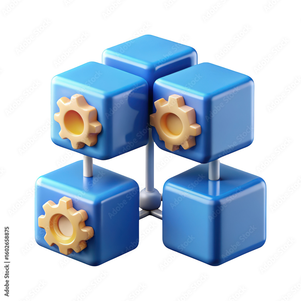 Poster abstract 3d render of interconnected blue cubes with gears representing system integration and data 